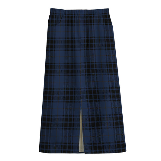 Blue And Black Tartan Pattern Print Cotton Front Slit Maxi Skirt