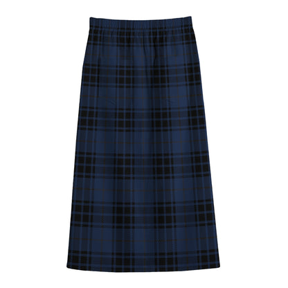 Blue And Black Tartan Pattern Print Cotton Front Slit Maxi Skirt