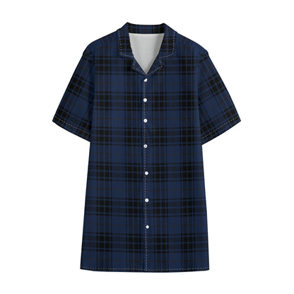 Blue And Black Tartan Pattern Print Cotton Hawaiian Shirt