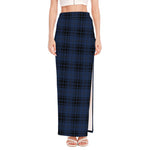 Blue And Black Tartan Pattern Print High Slit Maxi Skirt