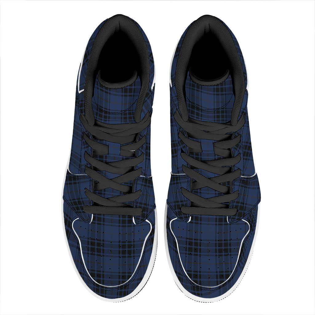 Blue And Black Tartan Pattern Print High Top Leather Sneakers
