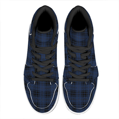 Blue And Black Tartan Pattern Print High Top Leather Sneakers