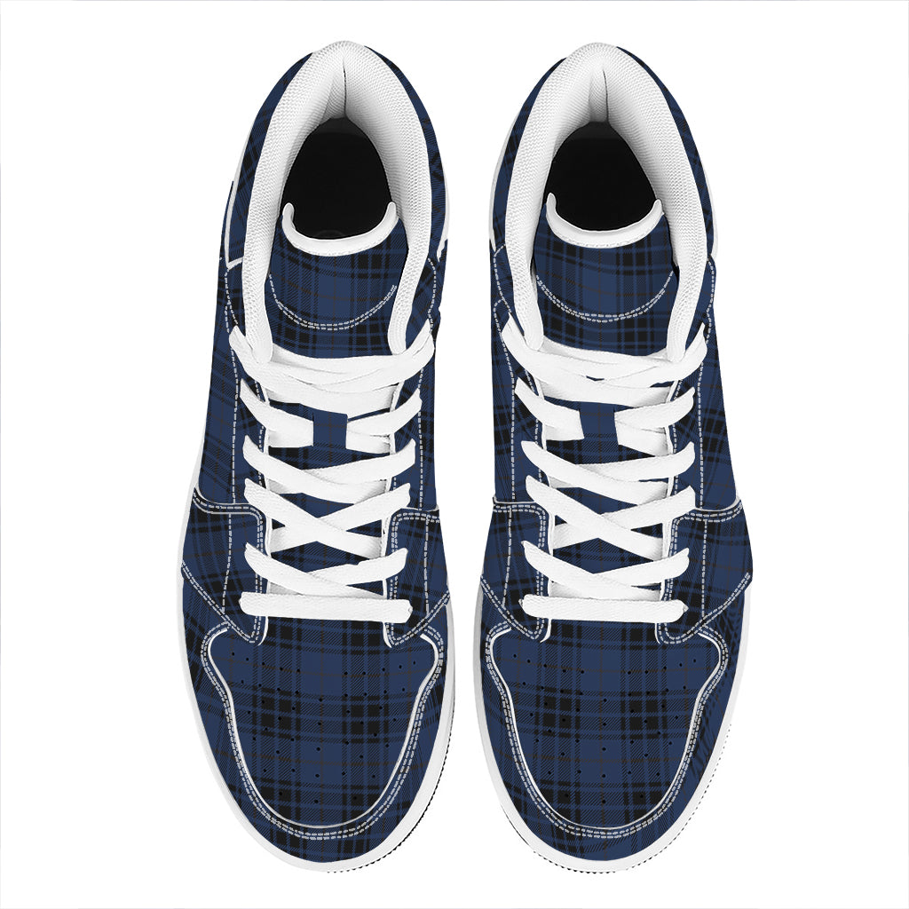 Blue And Black Tartan Pattern Print High Top Leather Sneakers