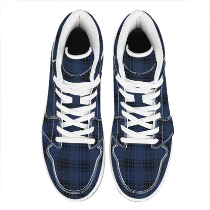 Blue And Black Tartan Pattern Print High Top Leather Sneakers