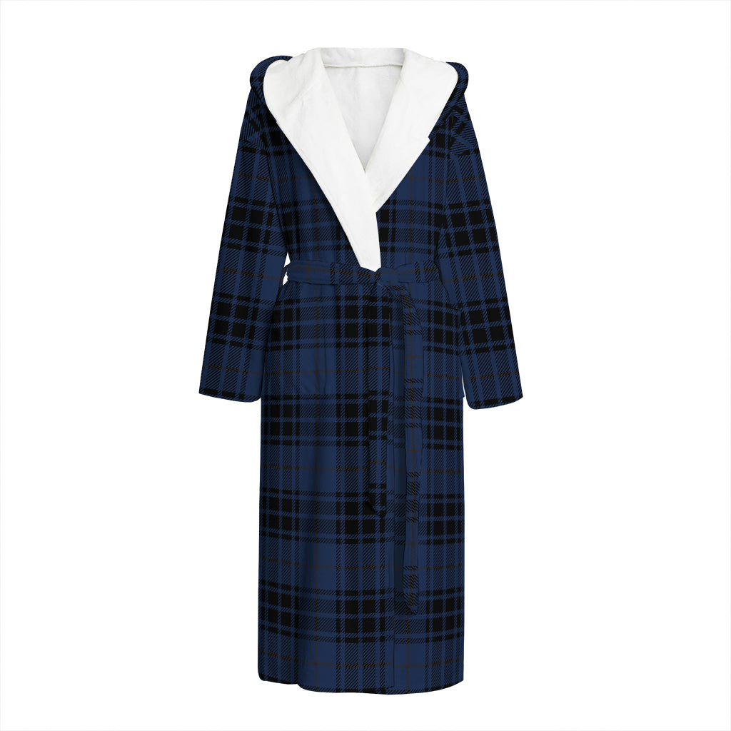 Blue And Black Tartan Pattern Print Hooded Bathrobe