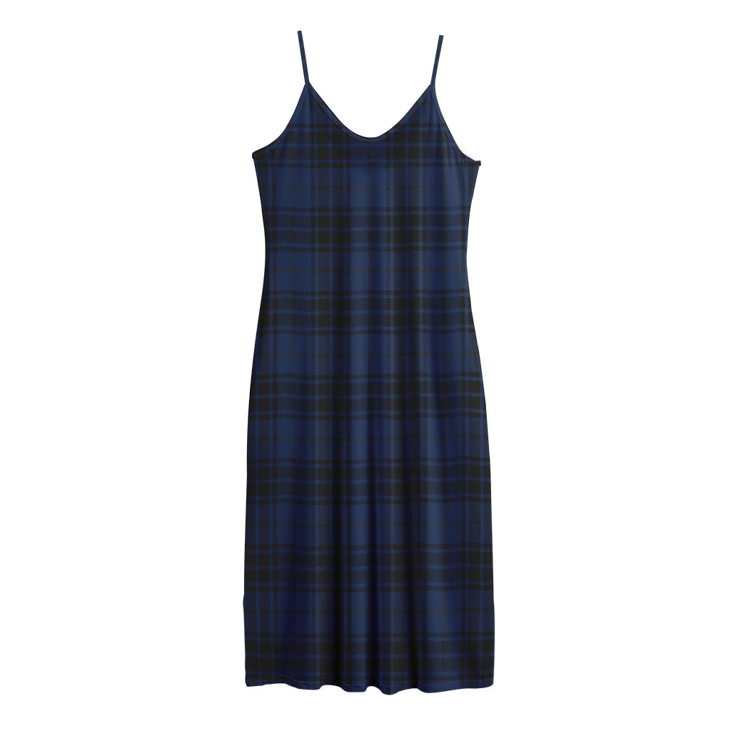 Blue And Black Tartan Pattern Print Jersey Midi Cami Dress