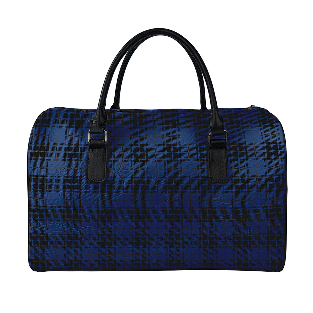 Blue And Black Tartan Pattern Print Leather Duffle Bag