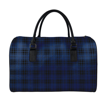 Blue And Black Tartan Pattern Print Leather Duffle Bag