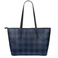 Blue And Black Tartan Pattern Print Leather Tote Bag With Zipper