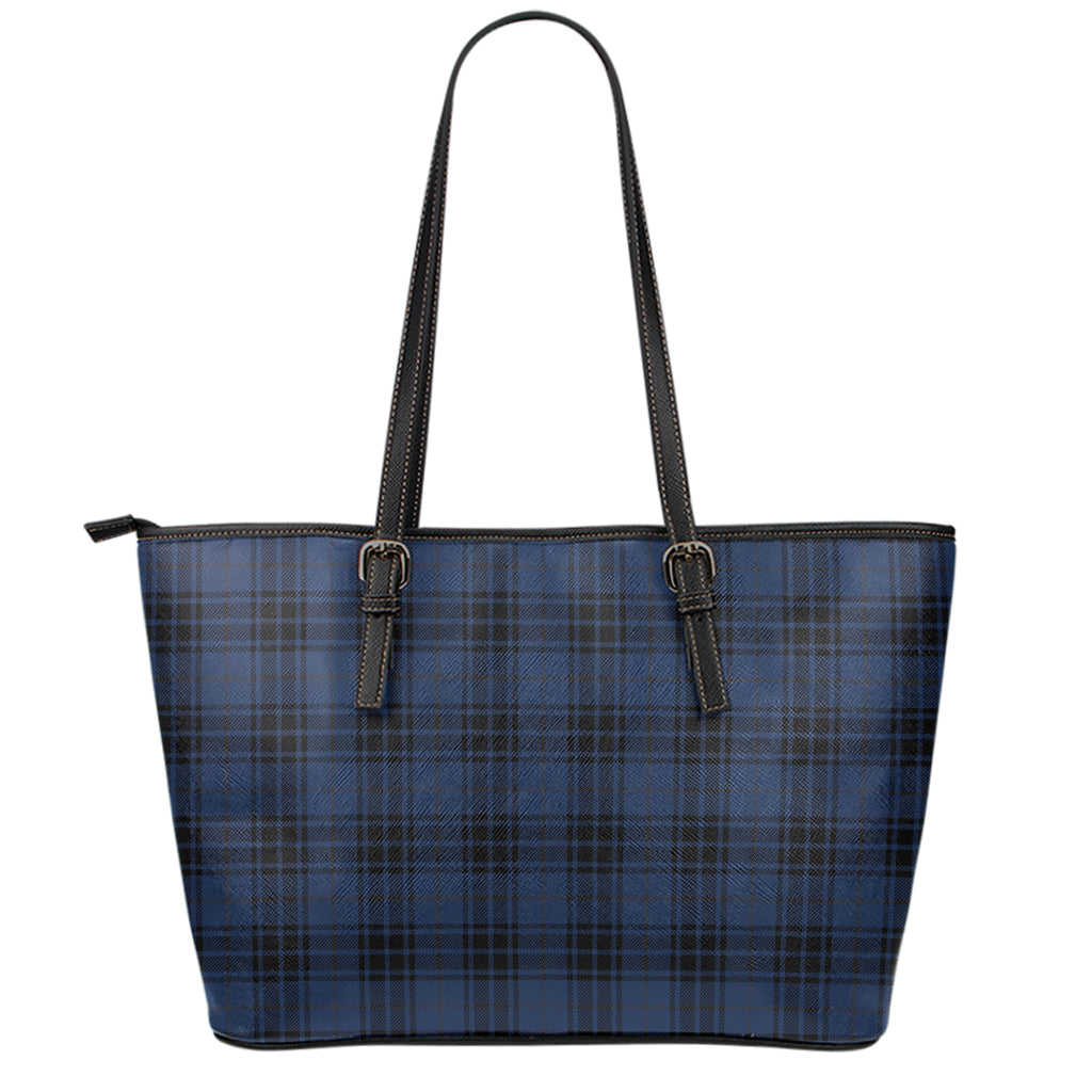 Blue And Black Tartan Pattern Print Leather Tote Bag