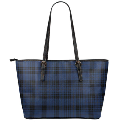 Blue And Black Tartan Pattern Print Leather Tote Bag