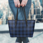 Blue And Black Tartan Pattern Print Leather Tote Bag