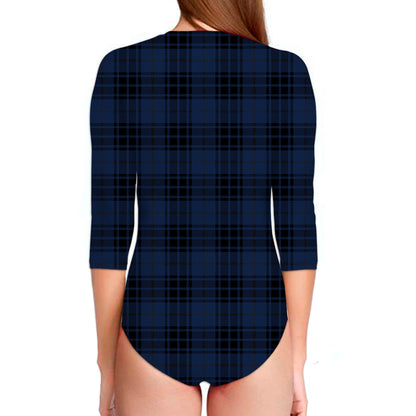 Blue And Black Tartan Pattern Print Long Sleeve Swimsuit