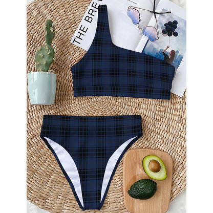 Blue And Black Tartan Pattern Print One Shoulder Bikini Top