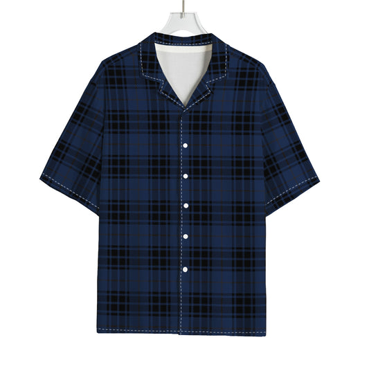 Blue And Black Tartan Pattern Print Rayon Hawaiian Shirt
