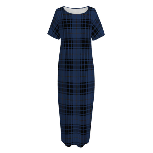 Blue And Black Tartan Pattern Print Short Sleeve Long Nightdress