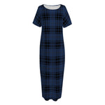 Blue And Black Tartan Pattern Print Short Sleeve Long Nightdress