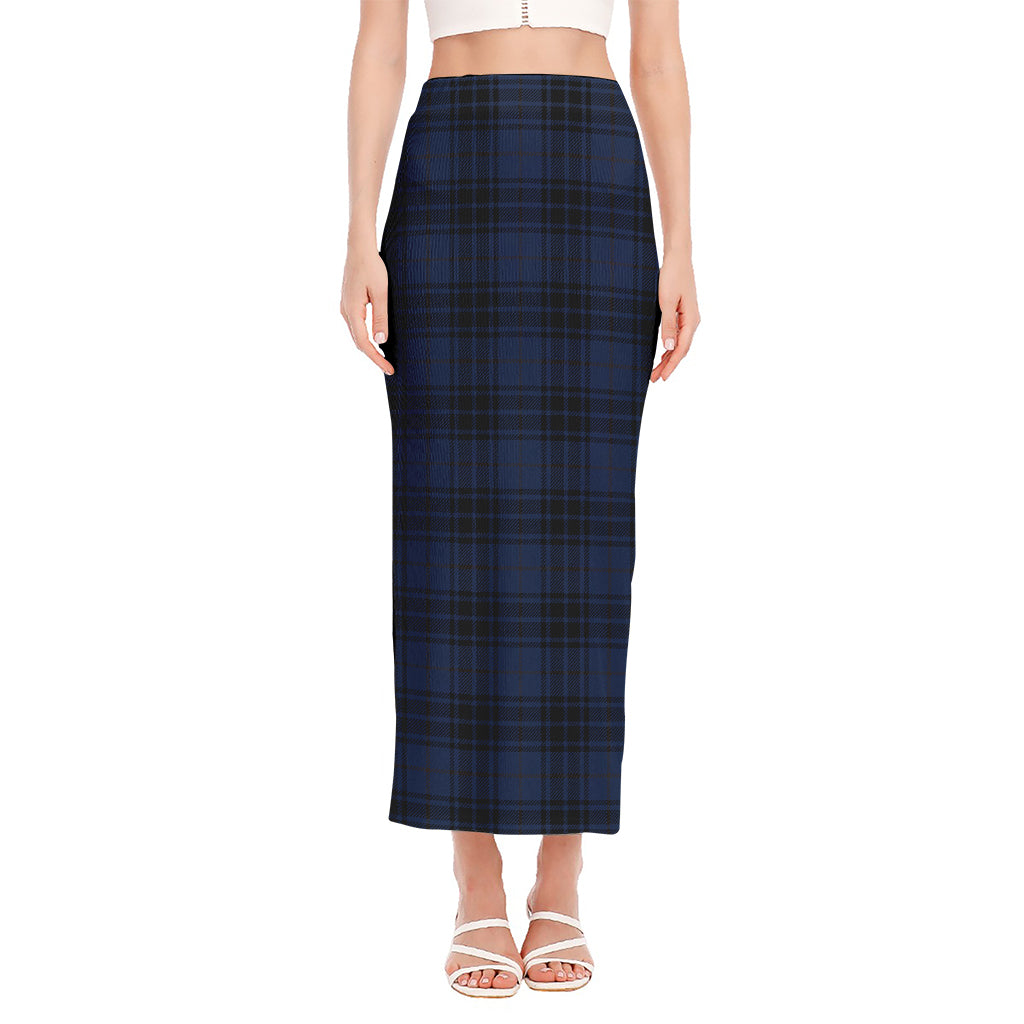 Blue And Black Tartan Pattern Print Side Slit Maxi Skirt