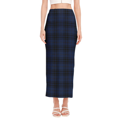 Blue And Black Tartan Pattern Print Side Slit Maxi Skirt