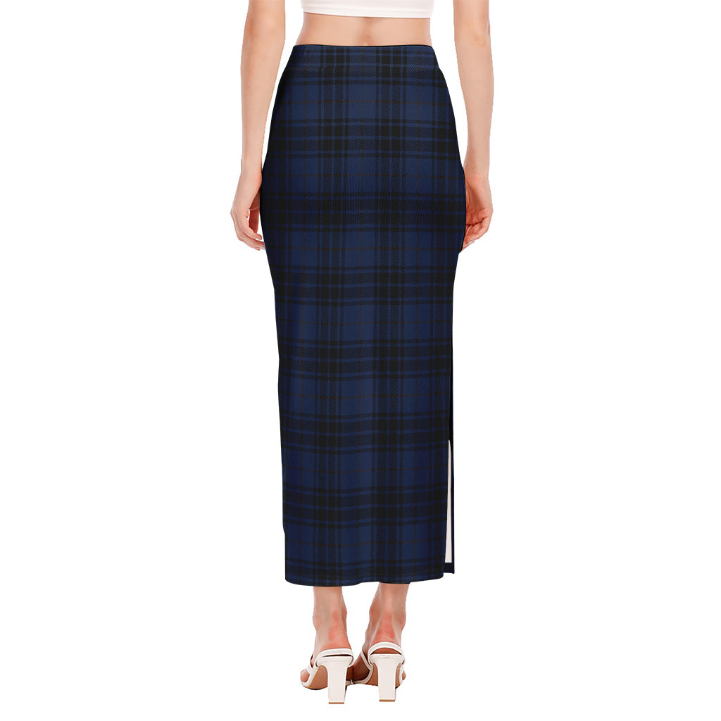 Blue And Black Tartan Pattern Print Side Slit Maxi Skirt