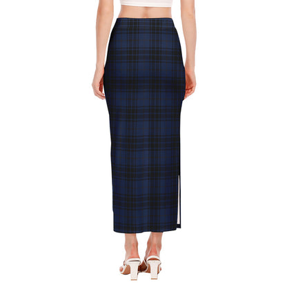 Blue And Black Tartan Pattern Print Side Slit Maxi Skirt
