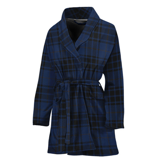 Blue And Black Tartan Pattern Print Women's Bathrobe