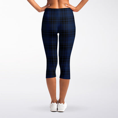 Blue And Black Tartan Pattern Print Women's Capri Leggings