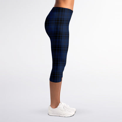 Blue And Black Tartan Pattern Print Women's Capri Leggings