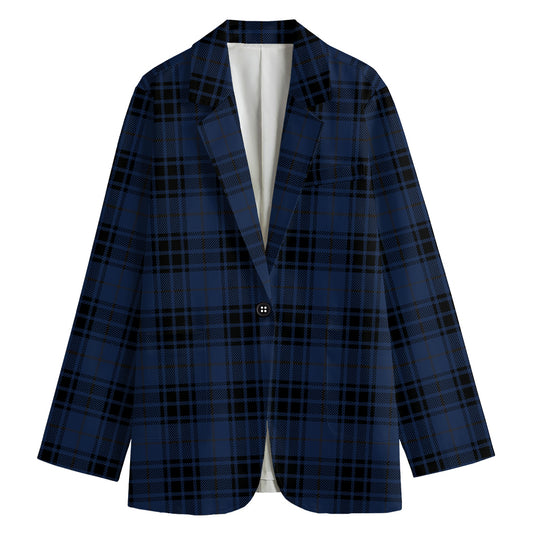 Blue And Black Tartan Pattern Print Women's Cotton Blazer