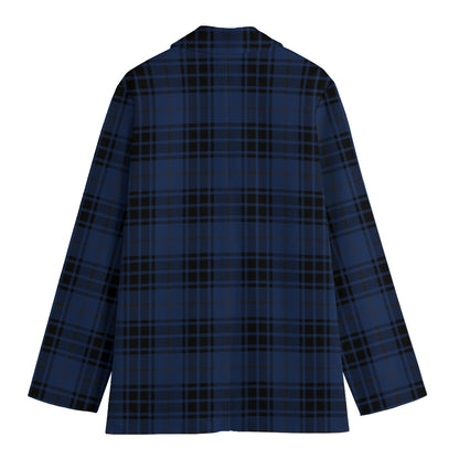 Blue And Black Tartan Pattern Print Women's Cotton Blazer