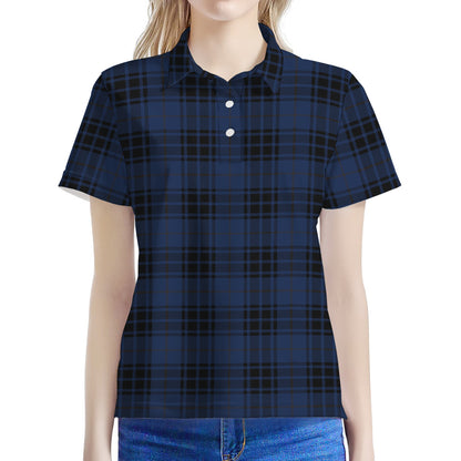 Blue And Black Tartan Pattern Print Women's Polo Shirt