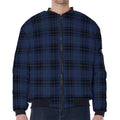 Blue And Black Tartan Pattern Print Zip Sleeve Bomber Jacket