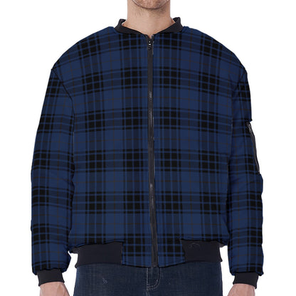 Blue And Black Tartan Pattern Print Zip Sleeve Bomber Jacket