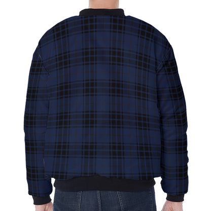 Blue And Black Tartan Pattern Print Zip Sleeve Bomber Jacket