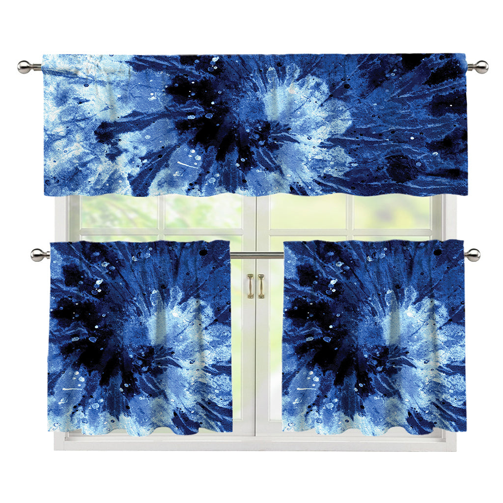 Blue And Black Tie Dye Print 3 Piece Kitchen Curtains