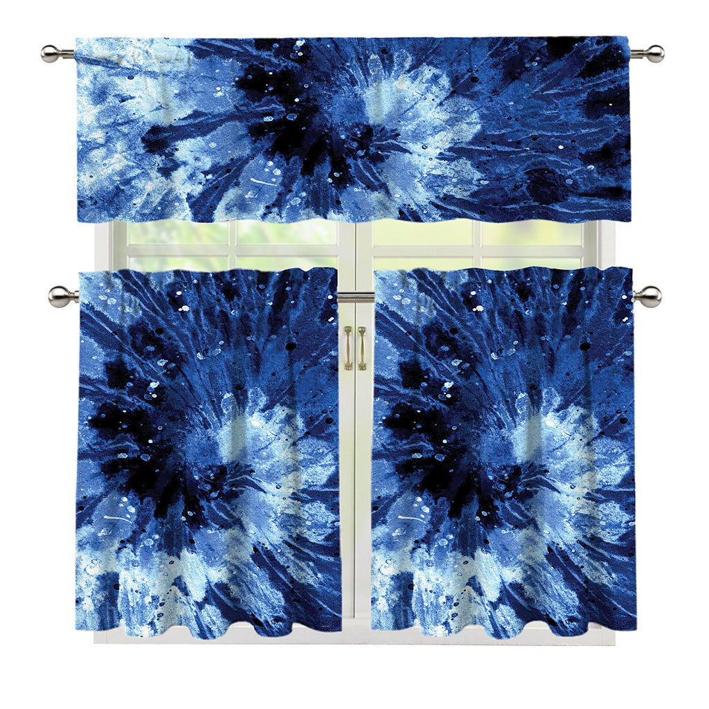 Blue And Black Tie Dye Print 3 Piece Kitchen Curtains