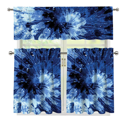 Blue And Black Tie Dye Print 3 Piece Kitchen Curtains