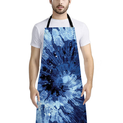 Blue And Black Tie Dye Print Bib Apron With Pocket