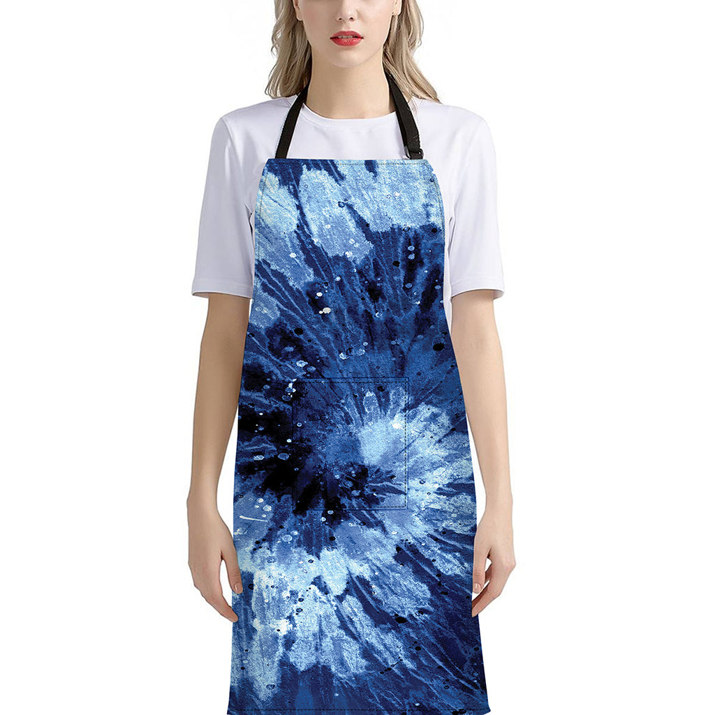 Blue And Black Tie Dye Print Bib Apron With Pocket