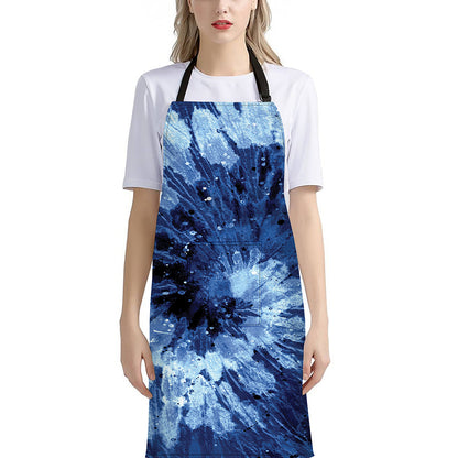 Blue And Black Tie Dye Print Bib Apron With Pocket