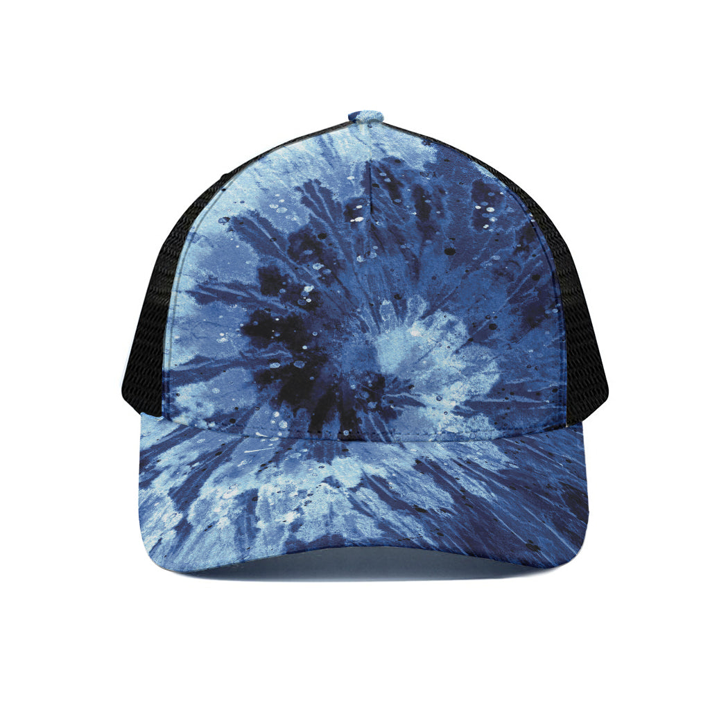 Blue And Black Tie Dye Print Black Mesh Trucker Cap