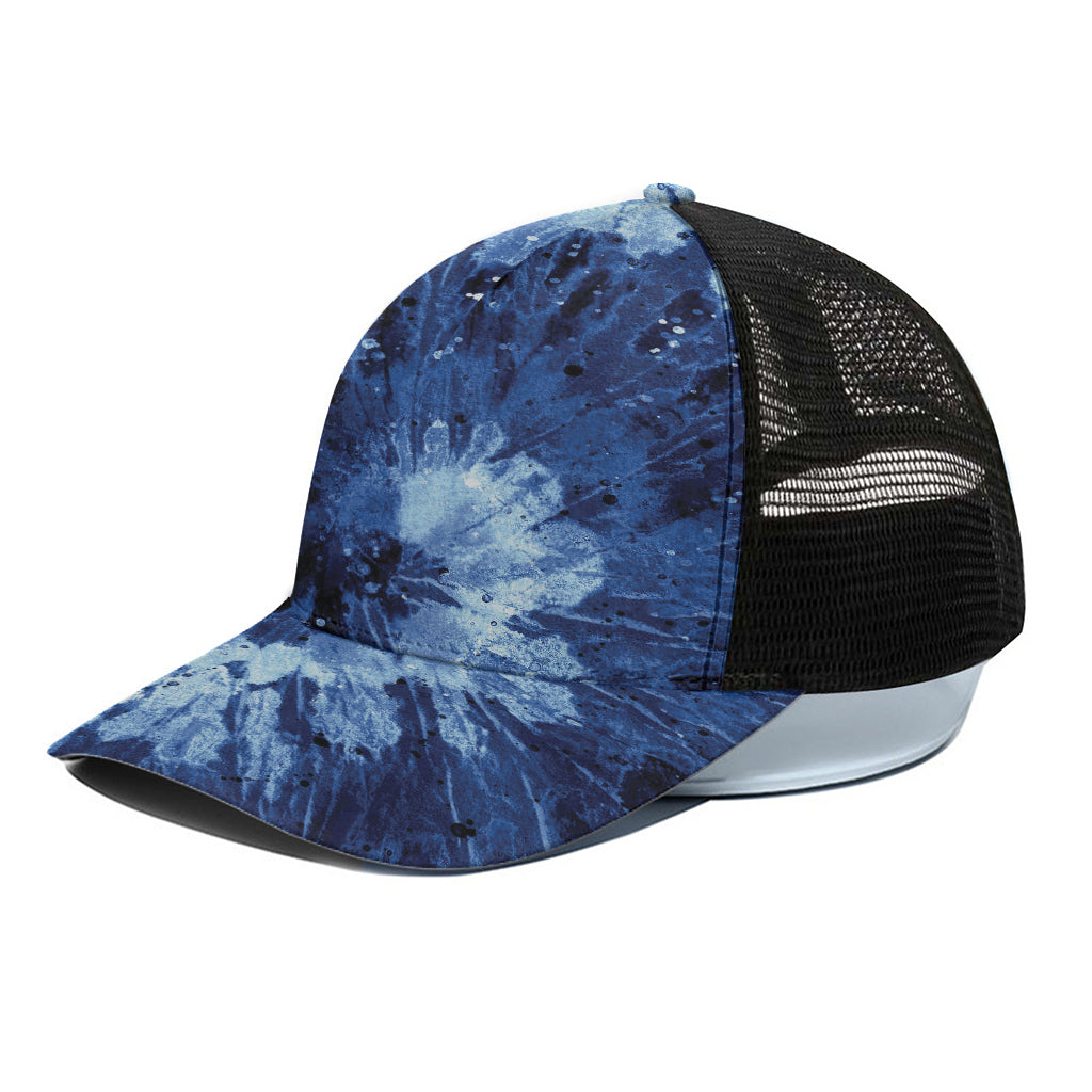 Blue And Black Tie Dye Print Black Mesh Trucker Cap