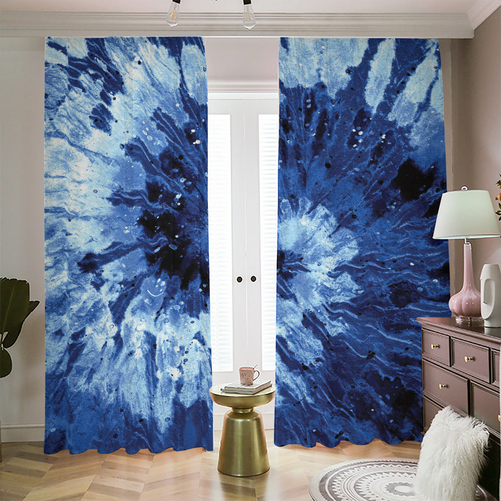 Blue And Black Tie Dye Print Blackout Pencil Pleat Curtains