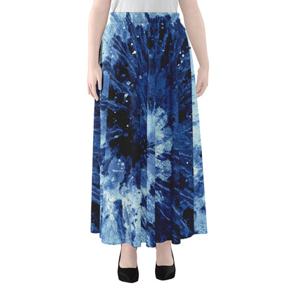 Blue And Black Tie Dye Print Chiffon Maxi Skirt