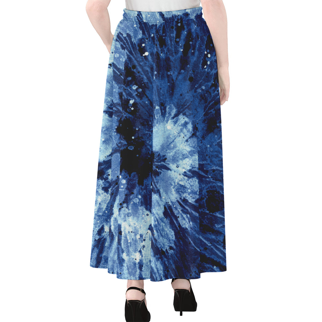 Blue And Black Tie Dye Print Chiffon Maxi Skirt