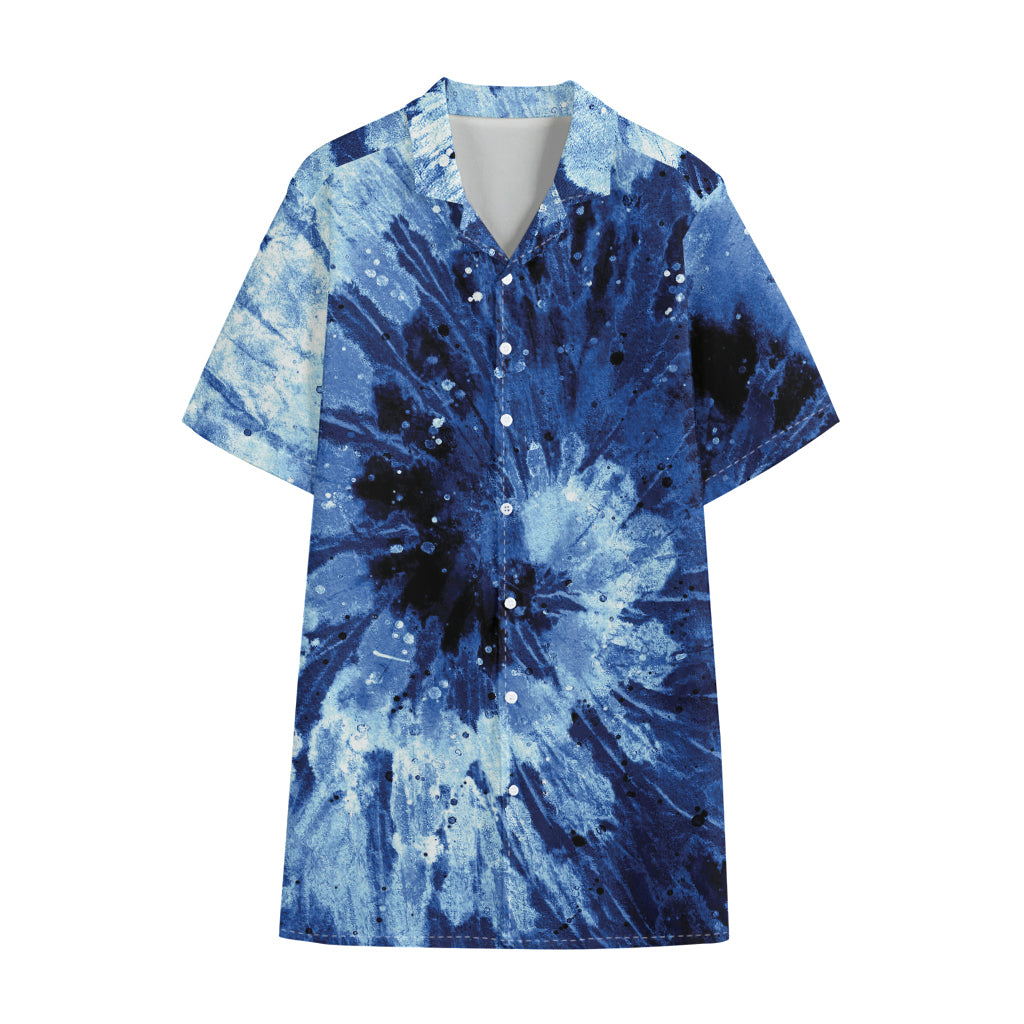 Blue And Black Tie Dye Print Cotton Hawaiian Shirt