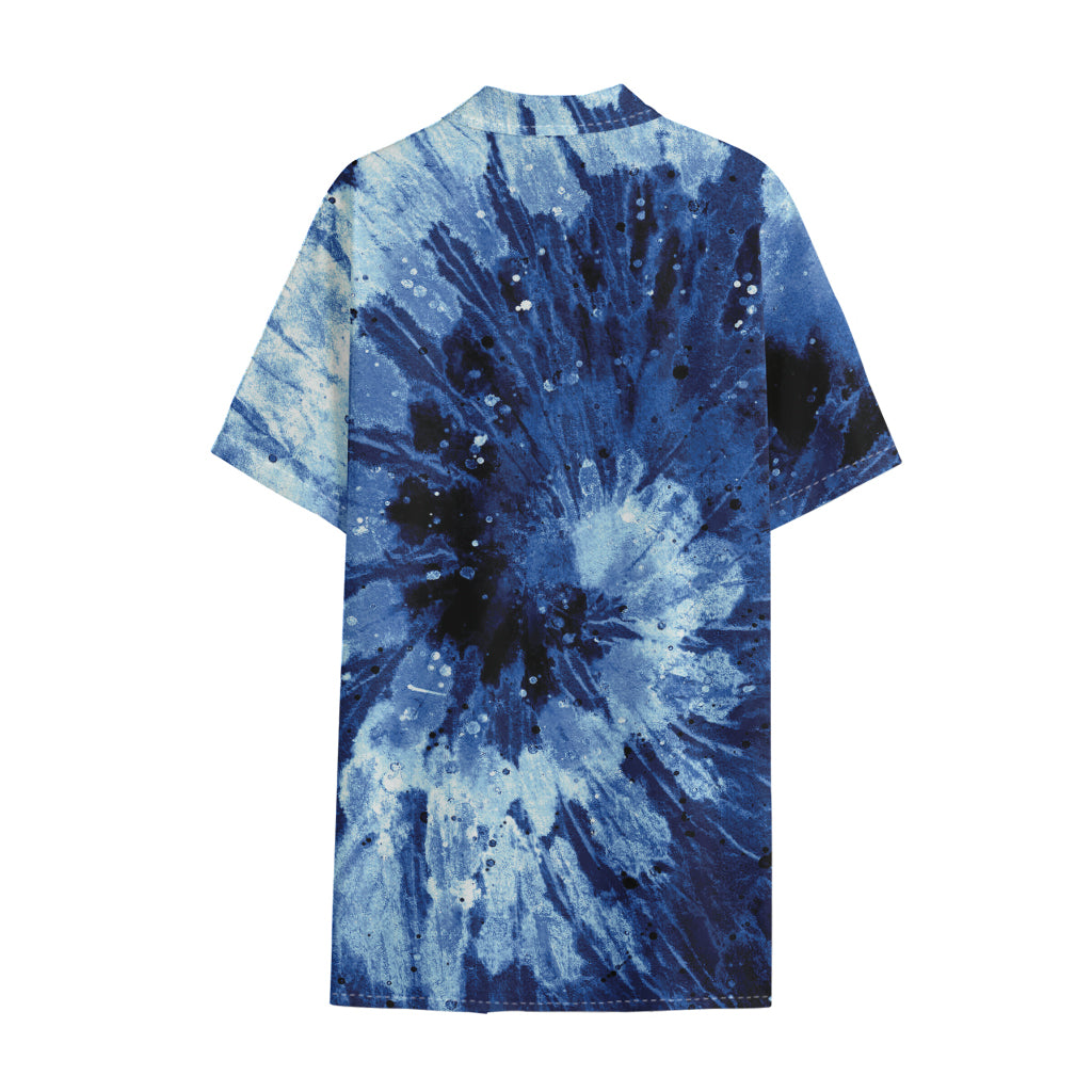 Blue And Black Tie Dye Print Cotton Hawaiian Shirt