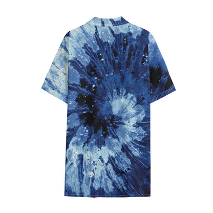Blue And Black Tie Dye Print Cotton Hawaiian Shirt