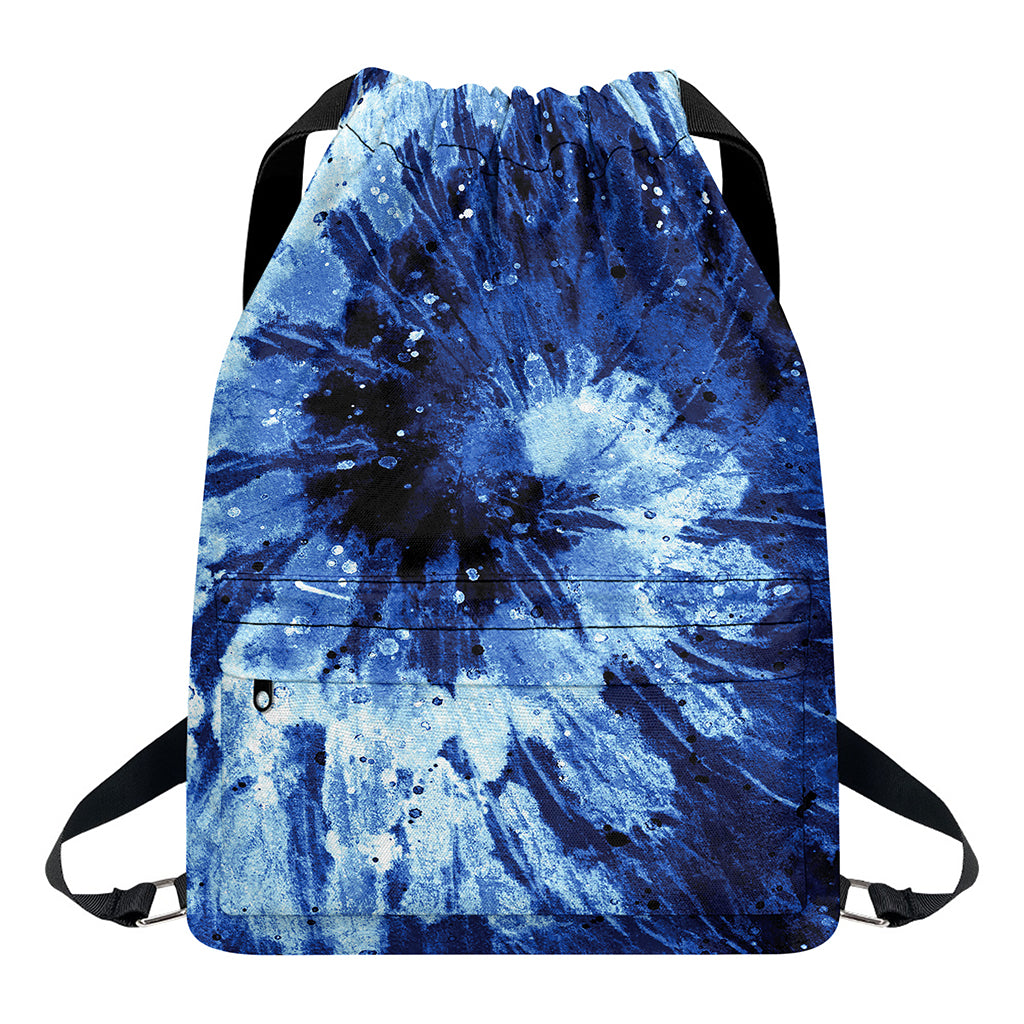 Blue And Black Tie Dye Print Drawstring Backpack