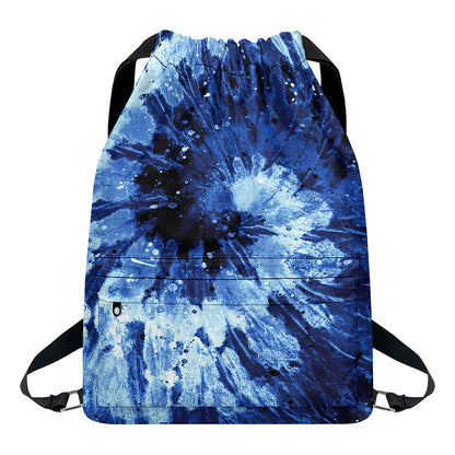 Blue And Black Tie Dye Print Drawstring Backpack